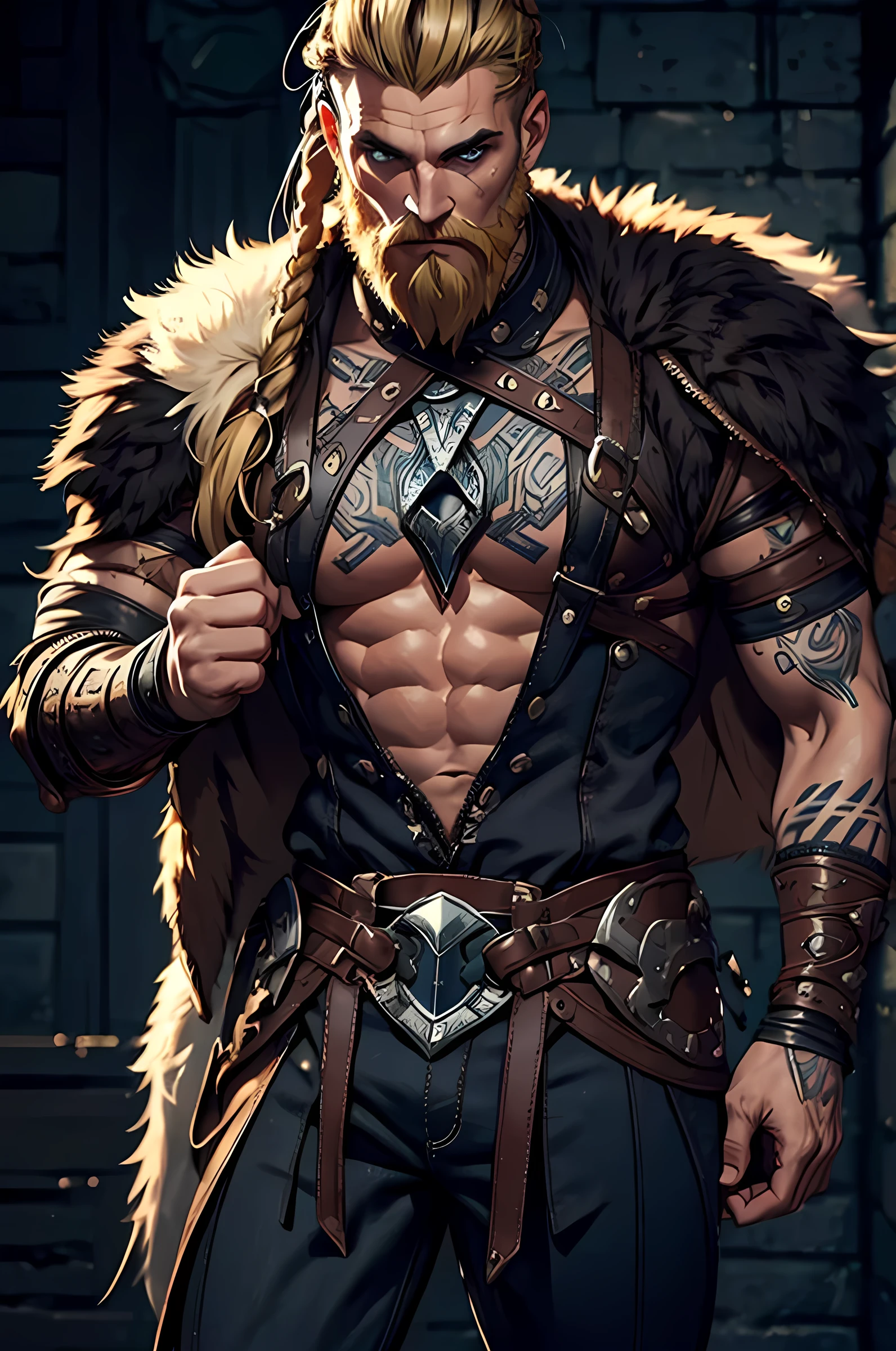 1man, viking, whole body, Drawing style, (work of art),  best qualityer, high resolution, 4K, 8k, detailed illustration, intricate-detail, cinematic lighting, incredible quality, male fit, amazing shading, soft lighting, front camera, blonde beard, short beard, blond hair, short hair, braided hair, black tattoo, nordic tattoos, (, wearing a shirt, wearing leather armor, wearing leather chest armor, chest covered by leather, wearing black fur)