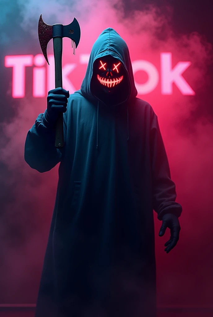 Shadow with neon halloween mask holding an axe with blood and TikTok logo with smoke background marks 
