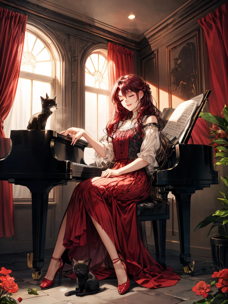 beautiful woman(((full body))), ((background house)), (best quality), 1girl, solo A room with glass windows, curtains, a young woman with long black hair, red hair , eyes closed, sitting on a chair playing the piano at night. There are flowers, flower pots, a table, a wine glass, a wine bottle, a lamp, and a black cat