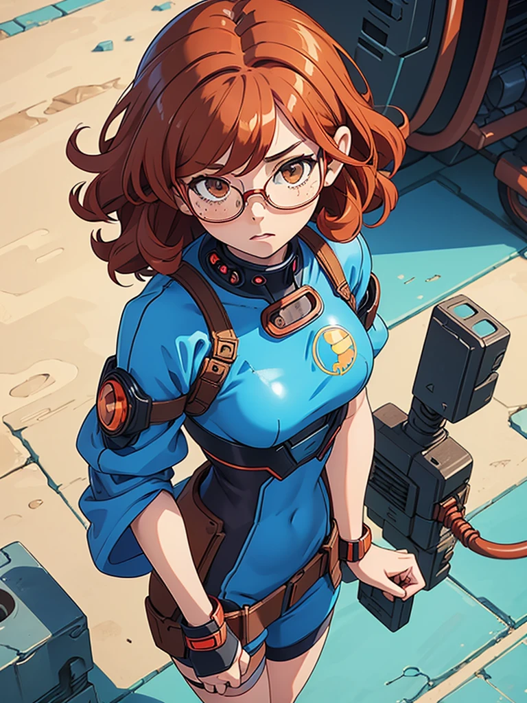 (masterpiece), (best quality),(1 girl), adult, red copper hair,(brown eyes),curly hair,(short curly hair), anime style, freckles, (small breasts),(petite figure), (blue outfit),(cyberpunk clothes)),legs, desert background, (gold glasses)