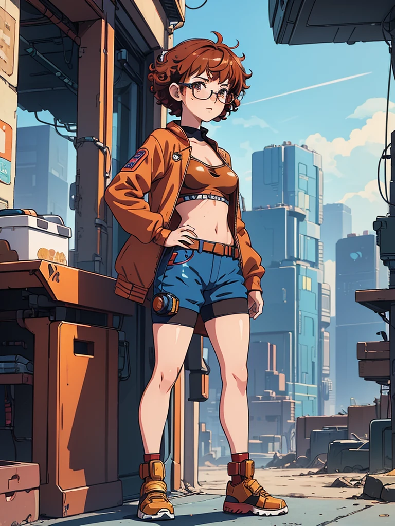 (masterpiece), (best quality),(1 girl), adult, red copper hair,(brown eyes),curly hair,(short curly hair), anime style, freckles, (small breasts),(petite figure), (blue outfit),(cyberpunk clothes)),legs, desert background, (gold glasses)