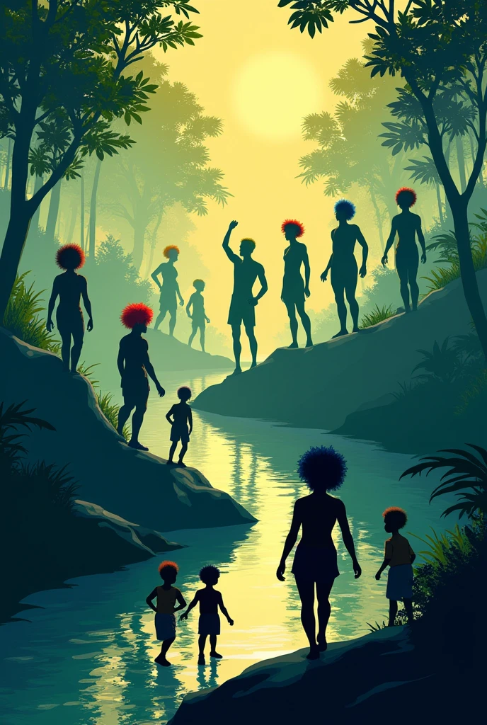 Athletes in multiple disciplines in silhouettes, showcasing diversity in sports and recreation, afros, river and jungle, children