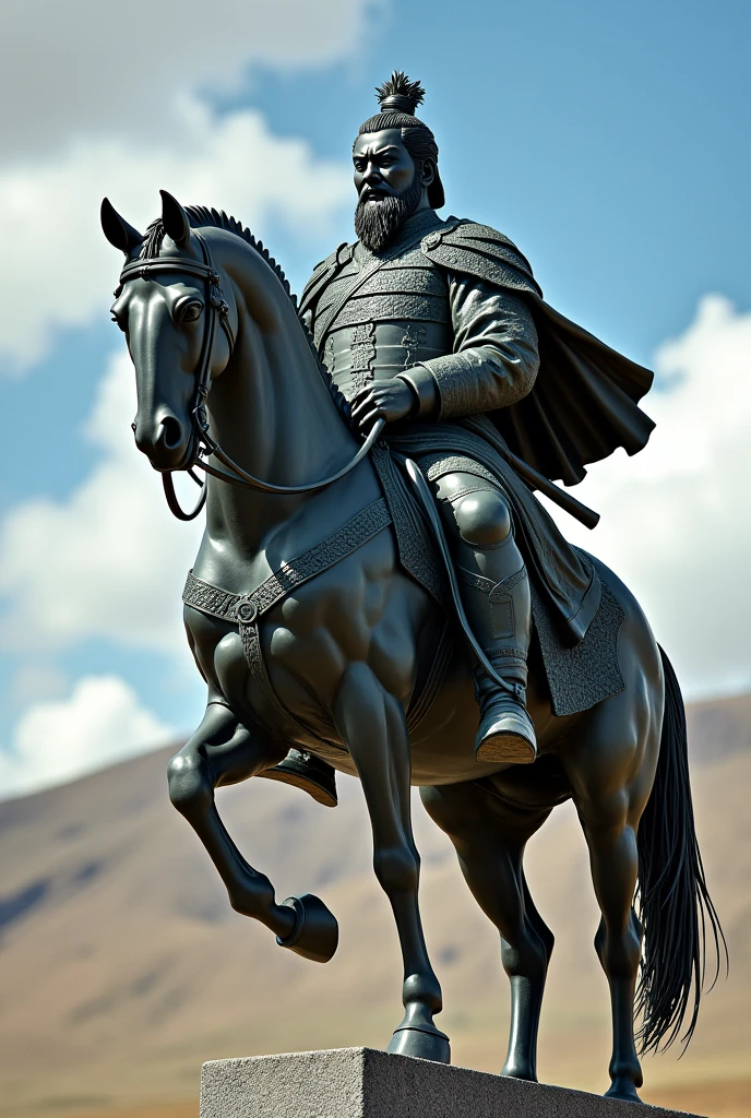 In the vast Mongolian landscape, a majestic bust of Genghis Khan atop a gallant horse proudly stands. This breathtaking photograph captures the essence of the legendary conqueror and his trusted steed. The meticulously carved details of the bust showcase the strength and determination etched on Genghis Khan's visage, while the horse exudes grace and power. The image, rendered in vibrant colors and stunning clarity, immerses the viewers in the awe-inspiring presence of this historical figure, reminding us of the enduring legacy of an iconic leader.