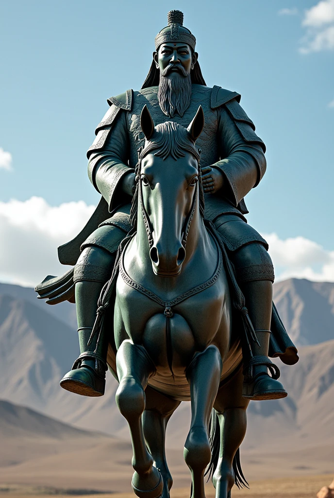 In the vast Mongolian landscape, a majestic bust of Genghis Khan atop a gallant horse proudly stands. This breathtaking photograph captures the essence of the legendary conqueror and his trusted steed. The meticulously carved details of the bust showcase the strength and determination etched on Genghis Khan's visage, while the horse exudes grace and power. The image, rendered in vibrant colors and stunning clarity, immerses the viewers in the awe-inspiring presence of this historical figure, reminding us of the enduring legacy of an iconic leader.