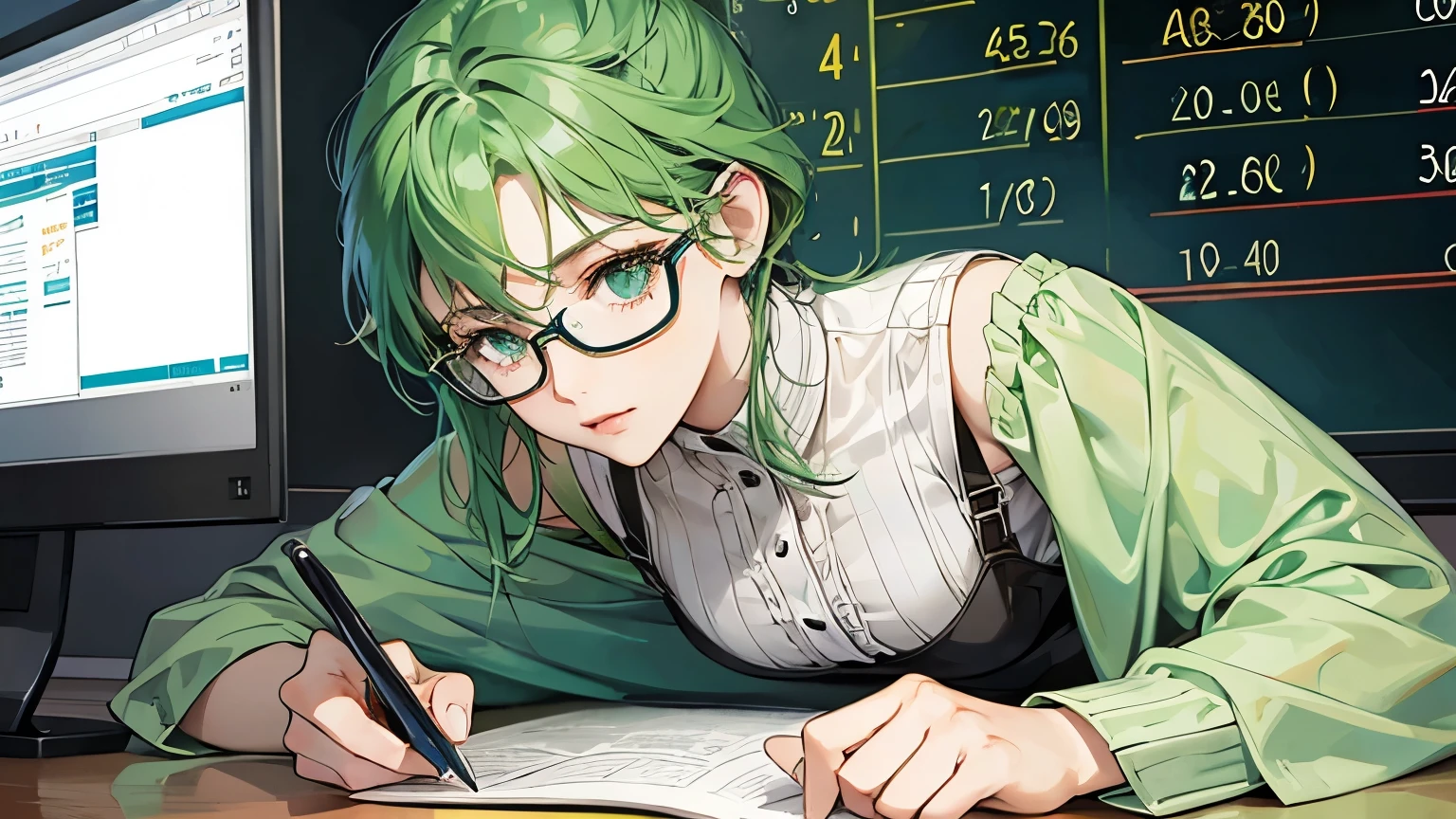 With a graph in the background、A beautiful green-haired woman with glasses doing calculations