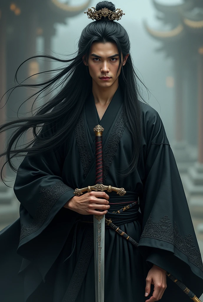 Brown eyed boy with sword, long black hair, God half demon full body black Hanfu 20 years old and above 
