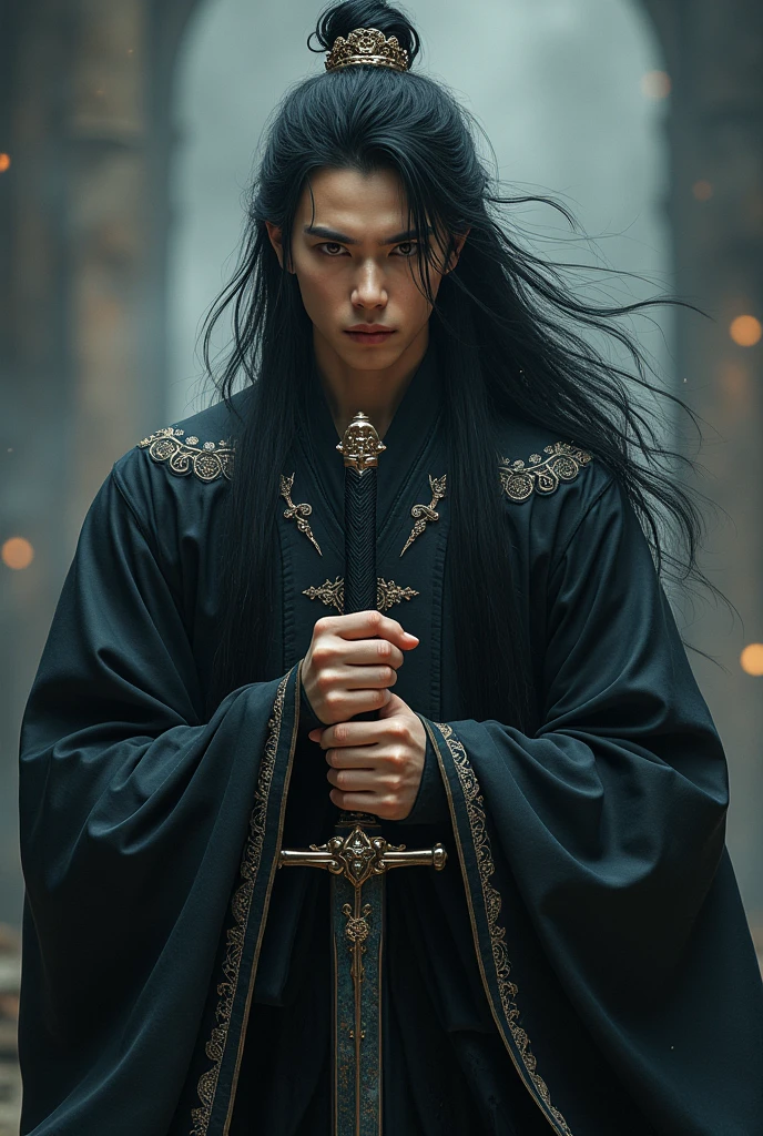 Brown eyed boy with sword, long black hair, God half demon full body black Hanfu 20 years old and above
