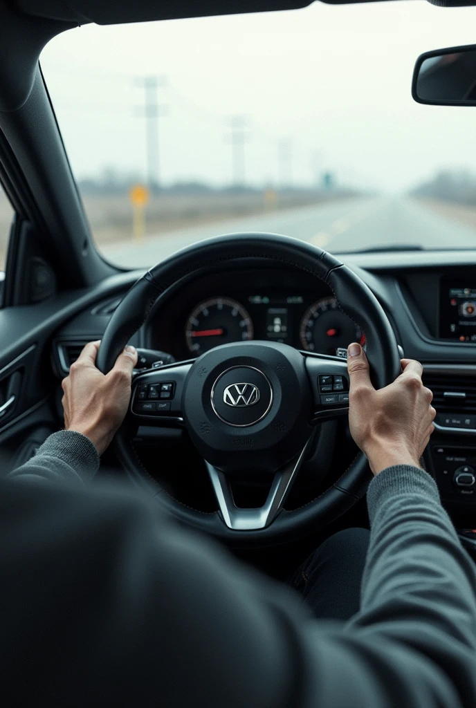 generates the image of a car without an engine, The view must be from inside the vehicle where the steering wheel can be seen., the board, the driver's hands but the car can be seen without the engine.