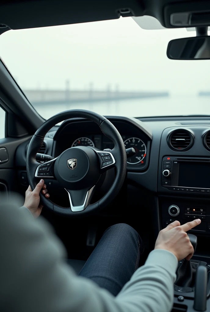 generates the image of a car without an engine, The view must be from inside the vehicle where the steering wheel can be seen., the board, the driver's hands but the car can be seen without the engine.