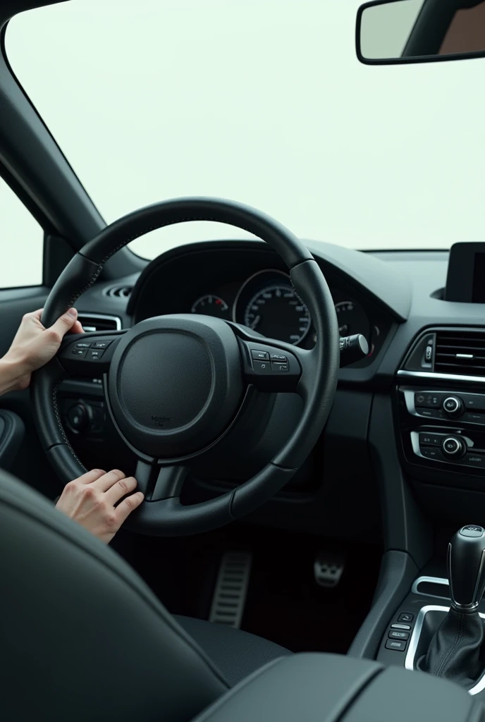 generates the image of a car without an engine, The view must be from inside the vehicle where the steering wheel can be seen., the board, the driver's hands but the car can be seen without the engine.