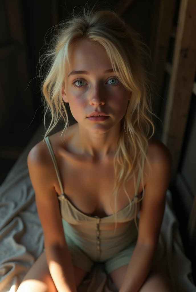 (solo, full body photo:1.3), (action packed:1.3), chiaroscuro, best quality, photorealistic, 8k, 1girl, (cute), (yo:1.1), ((Hala Finley)), adolescent body proportions, very short torso, very , slender frame, very skinny, long blonde hair highly detailed, small perfect breasts, vagina, 1700'S, digital photography, (masterpiece, sidelighting, finely detailed Fashionable eyes: 1.2) (perfect oval large eyes that gazes at the viewer), artful nudity, beautiful detailed face, blue gorgeous perfect eyes, (blonde hair ponytail), (attractive young woman:1.3), (thick amazing hair), (blushing:1.1), scared expression, on the bunk of an old rundown shack, sitting, on her knees, squatting, standing, standing obediently, standing splits, bent over, various poses, multiple camera angles.
