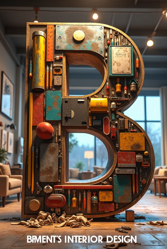 A huge tilted letter B made out of "house building materials like brush,ruller,Pencil, Roller, safty golves,Googl eye glass",background inside view of well designed house with" ceiling ,lights ,designed walls,tables, sofas and table, write boldly "Beemnet's interior Design" at the bottom