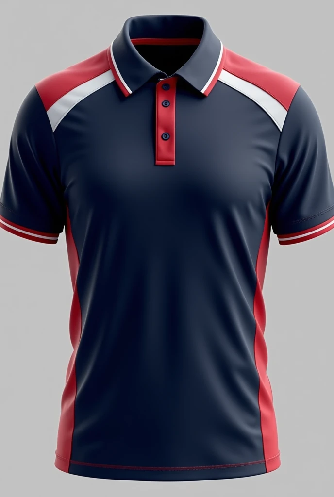 Polo shirt for student promotion with the main color navy blue, that has details of blood red and white colors, short sleeve, modern, teach all angles, from the shirt before last