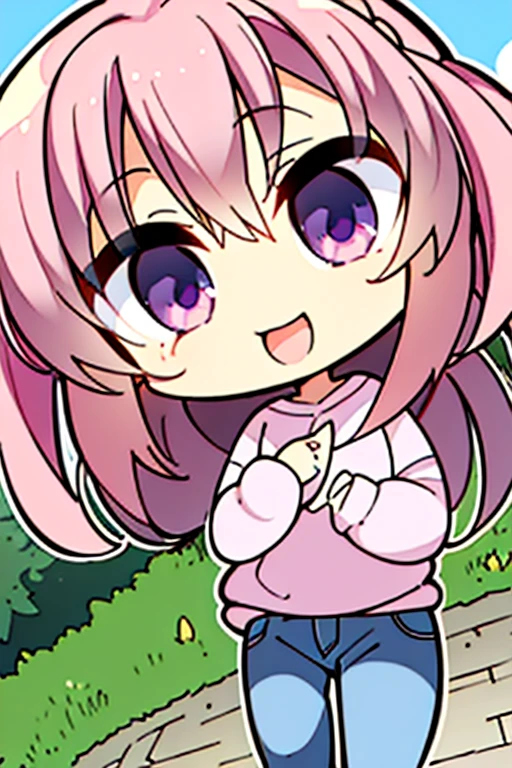 Perfect face. Perfect hands. A pink haired kid with violet eyes in a sweatshirt and jeans is running through a cemetery with a big smile