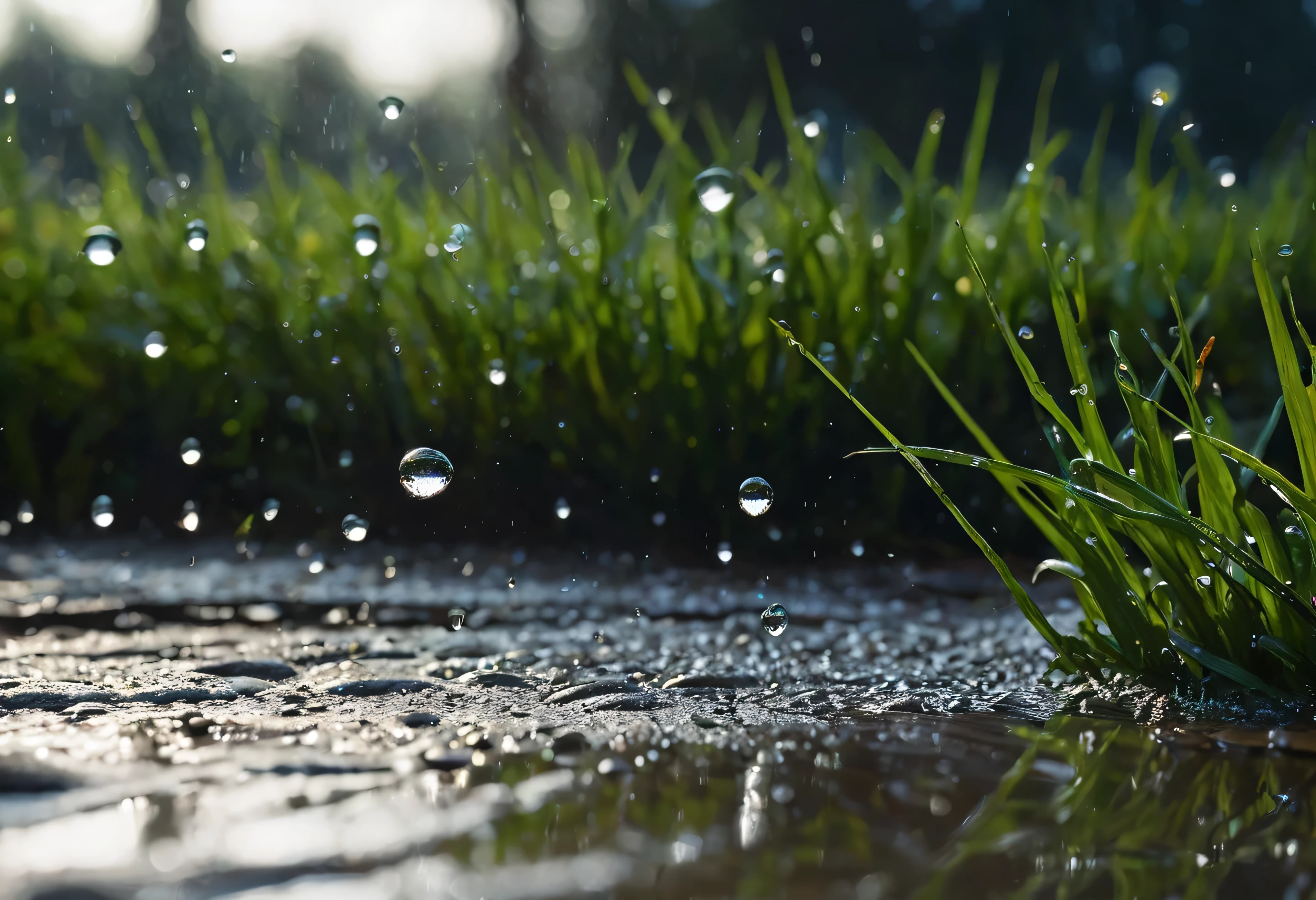 Generate an ultra-realistic close-up photo capturing the moment raindrops hit the ground. The scene should show droplets of rain splashing as they make contact with the soil, creating tiny craters and splashes. The ground is slightly muddy, with small pebbles and blades of grass visible, adding texture and detail. Each raindrop should be crystal clear, with some droplets caught mid-air, and others forming ripples in small puddles. The lighting is natural, with soft daylight illuminating the scene, highlighting the wet surface and the reflections of the droplets. The overall composition should evoke the fresh, earthy atmosphere of a rain shower, with a focus on the dynamic interaction between the rain and the ground.