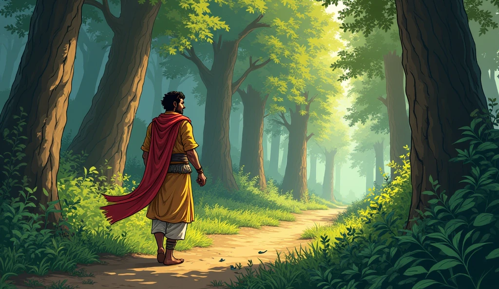 ((best quality)), ((masterpiece)), (detailed), perfect faceSage Bhaskar guiding Arav to the tree: Comic style. Arav, still the young adult warrior, follows Sage Bhaskar through a forest path lined with dense foliage and vibrant greenery. The path is surrounded by tall trees with thick trunks, and the air is filled with the sounds of chirping birds. Arav’s face shows curiosity and hope, and his red scarf flutters slightly in the gentle breeze. The sage leads him to the large, ancient tree, which stands majestically in a sunlit clearing, providing a sense of wisdom and tranquility.
Add sage bhaskar also