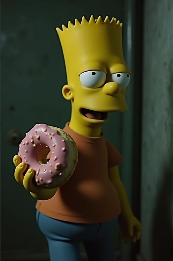 dvd screengrab, from 1980 dark fantasy film, low resolution dark candid, in the style of dark fantasy of Bart Simpson holding a donut
He looks like a real human with real skin not yellow and cartoon