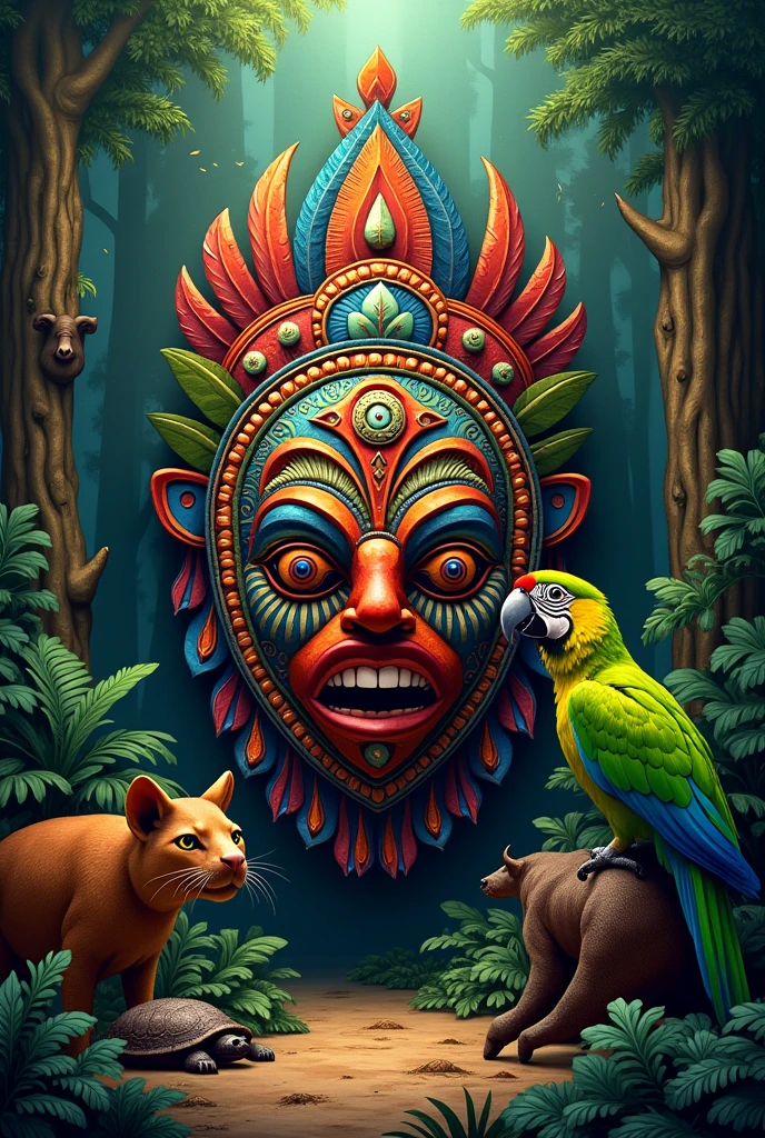 Boruca mask with a green macaw, Congo, manigordo, turtle and a wild boar