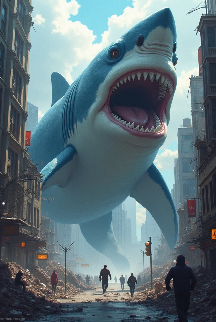 Shark getting bigger and bigger, destroying a city, with love, Digital art