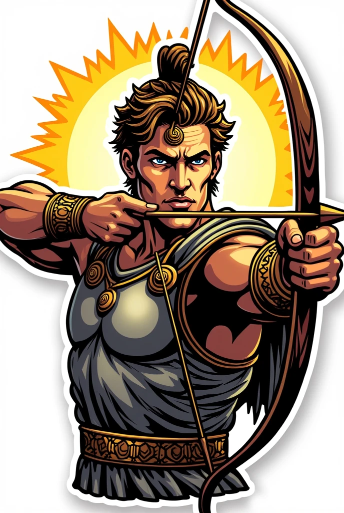 God Apollo wearing an armour and firing a bow and arrow. Make his face a little fierce and facing in front. Make it sticker-like with bold outline. It should be accurate as a logo. Don't put a background. He should be facing in front and make it brighter with touch of yellow. He should ba handsome also. Make it half body. Don't make cuts of other parts. It should be a full image. Make him look more god-like. Make it simple and comic style.