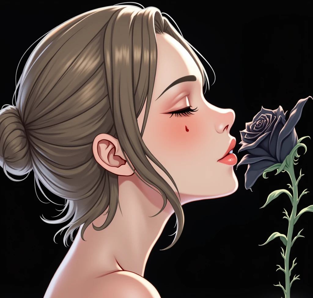lesbian girl, white skinned girl, licking black flower, closed eyes, her lips and body are wet, the white skinned girl's hair is Sleek Middle Part Hair look, reduce illumination from top, add illumination from a 360 view from below the horizon, sexual pose, realistic style, first sex fanart, realism artstyle, realistic artstyle, hyperrealistic teen, high quality fanart, artwork, conversing, 8k, realistic art style, passionate sexy pose, detailed realistic expressions, realistic picture, lesbian experience, showing love, the girl's off center is bound big bone african american girl, faint kiss marks with faint lipstick and faint mascara color rub-off smeared on one another's skin, white skinned girl's hands are holding a black rose and is pricked by one thorny rose. the prick mark is bleeding, white skinned girl is showing black skinned girl that she is ready to lick black pussy, 