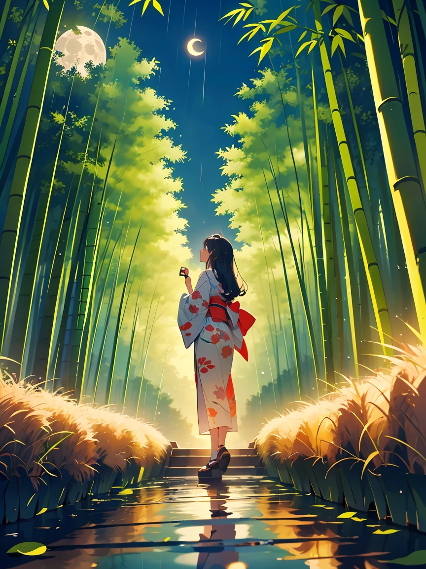 dynamic ink painting of a bamboo grove of japan, great art, great sense of depth, ground level shot, the most beautiful bamboo grove in the world, bamboo leaves shining through rainwater, moon\(pale blue\) with a light overcast, beautiful woman\(ancient Japanese noble, beautiful kimono, beautiful long black hair\) looking up at the moon holding an umbrella,raining softly, fireflies flying around, bamboo leaves are placed three-dimensionally in the foreground, long distance shot,limited color