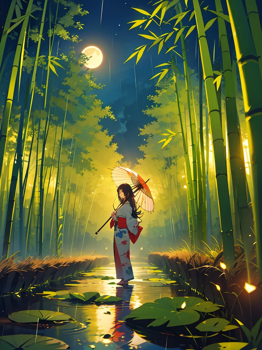 dynamic ink painting of a bamboo grove of japan, great art, great sense of depth, ground level shot, the most beautiful bamboo grove in the world, bamboo leaves shining through rainwater, moon\(pale blue\) with a light overcast, beautiful woman\(ancient Japanese noble, beautiful kimono, beautiful long black hair\) looking up at the moon holding an umbrella,raining softly, fireflies flying around, bamboo leaves are placed three-dimensionally in the foreground, long distance shot,limited color