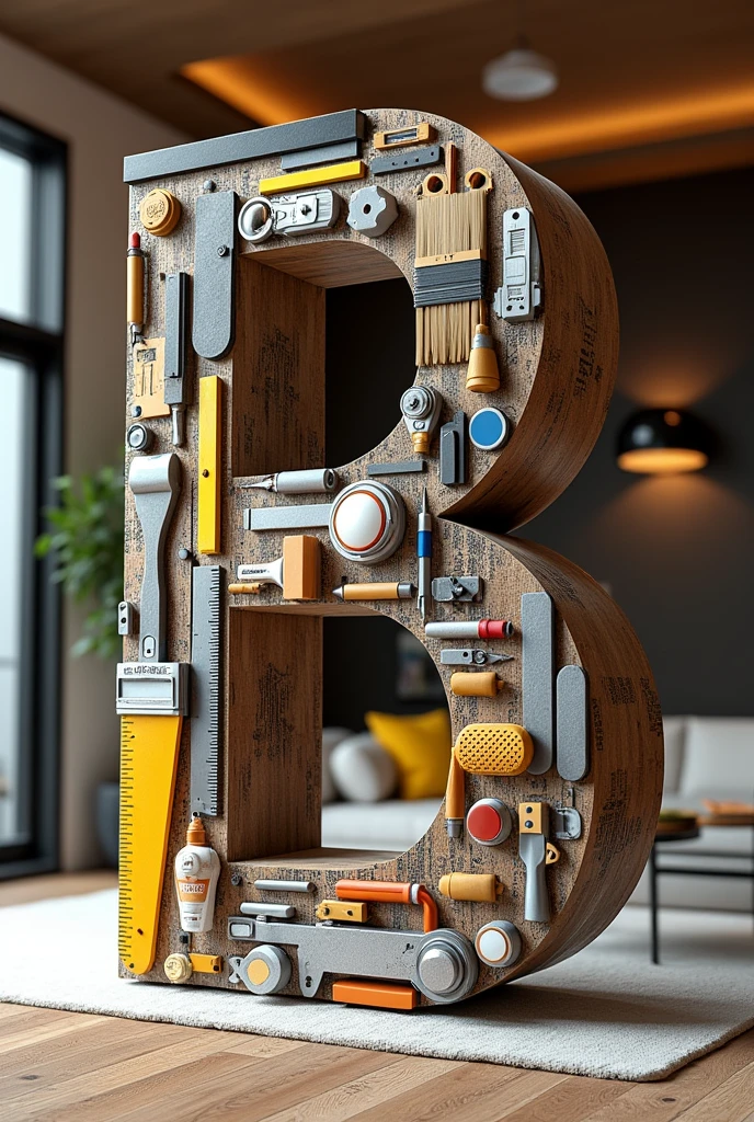 A huge tilted letter B made out of "house building materials like brush,ruller,Pencil, Roller, safty golves,Googl eye glass",background inside view of well designed house with" ceiling ,lights ,designed walls,tables, sofas and table, write boldly "Beemnet's interior Design" at the bottom