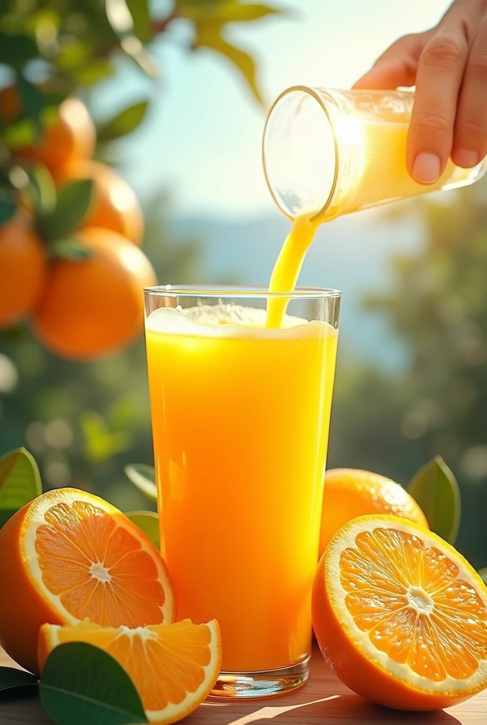 Generate me a poster about the sale of orange juice, the benefits it provides to the skin and health, along with images about the orange juice business in Spanish