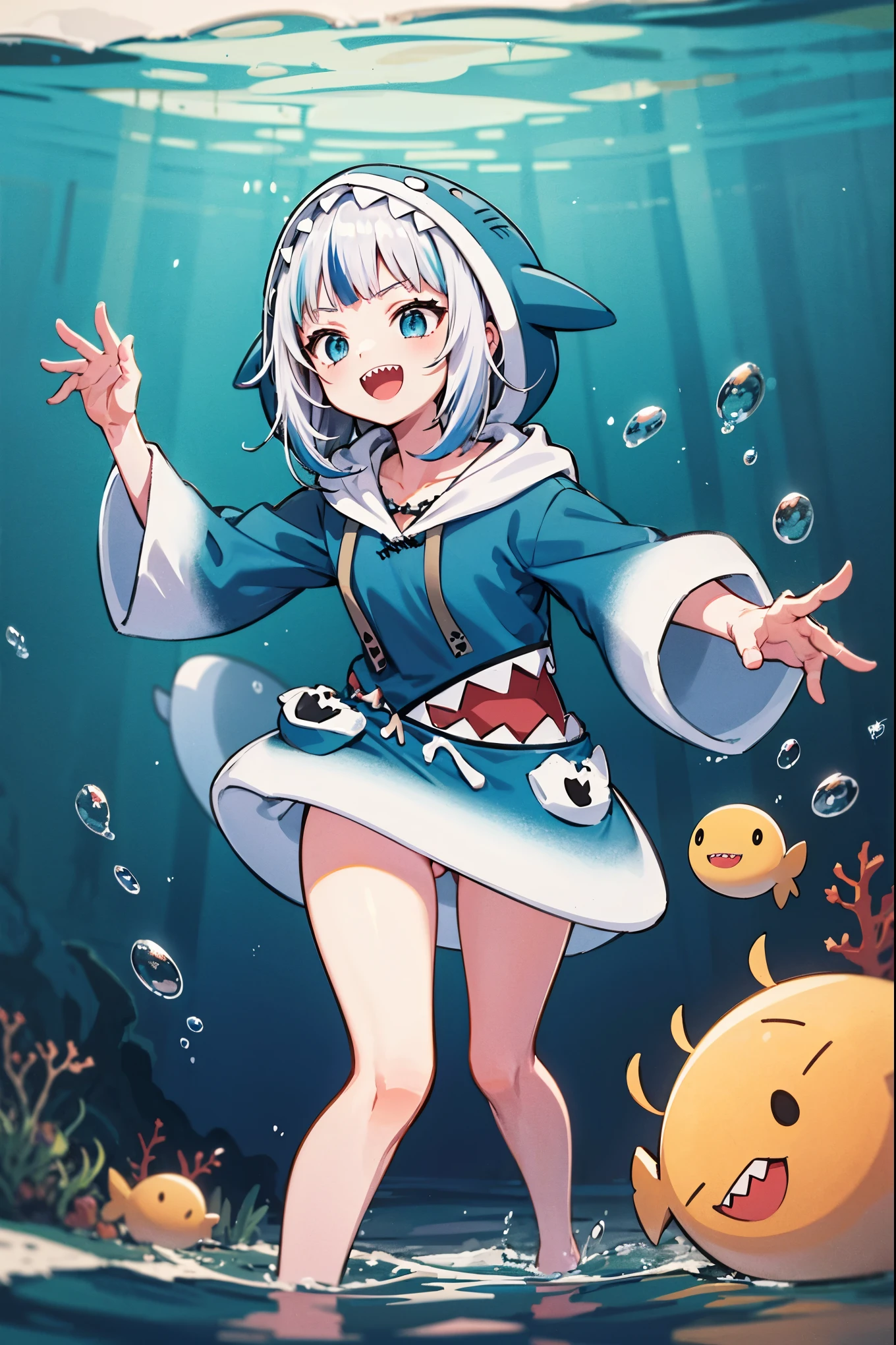 2d, masterpiece, best quality, anime, highly detailed, full body, 1girl, solo, gura_hoodie, blue hoodie, shark hood, standing, :d, sharp teeth, in_deep_sea_background , underwater_landscape,,bubble.happy,dynamic_floating_pose,rise_hands,open_legs, naked_legs,