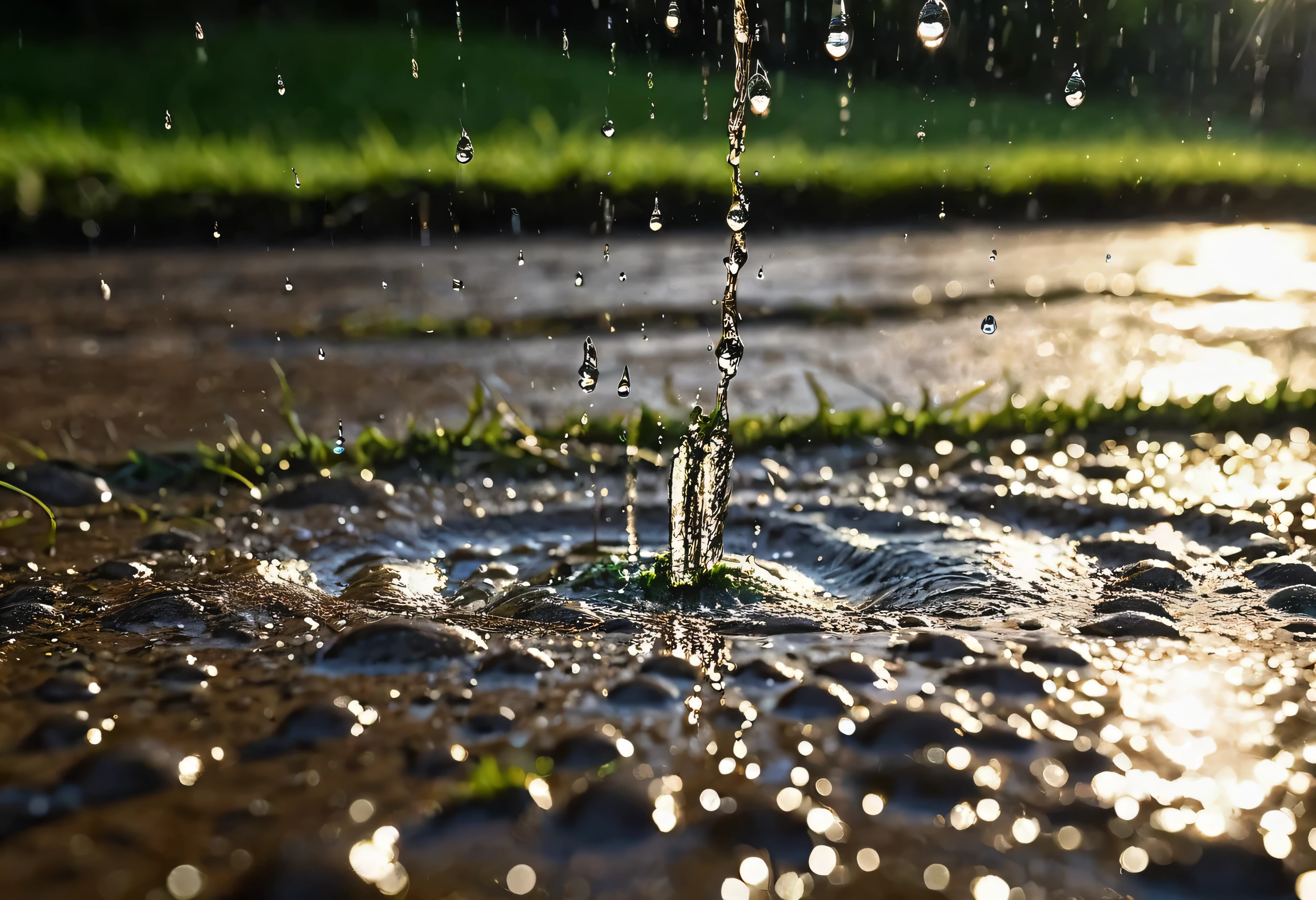 Generate an ultra-realistic close-up photo capturing the moment raindrops hit the ground. The scene should show droplets of rain splashing as they make contact with the soil, creating tiny craters and splashes. The ground is slightly muddy, with small pebbles and blades of grass visible, adding texture and detail. Each raindrop should be crystal clear, with some droplets caught mid-air, and others forming ripples in small puddles. The lighting is natural, with soft daylight illuminating the scene, highlighting the wet surface and the reflections of the droplets. The overall composition should evoke the fresh, earthy atmosphere of a rain shower, with a focus on the dynamic interaction between the rain and the ground.