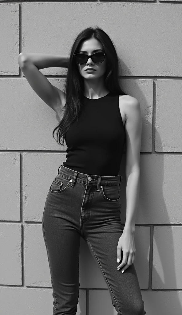The following features can be seen in this image: 1.

 1. a gray stone wall in the background with a uniform texture.
 2. in the center of the image is a woman wearing a black tank top and blue high-waisted jeans
 3. the woman wears sun glasses and stands in a raised arm position.
 4. the woman has long black hair and a blank expression on her face
 5. the woman's attire is simple but fashionable and stylish.
 6. overall, the photograph is characterized by black-and-white tones and textures.
