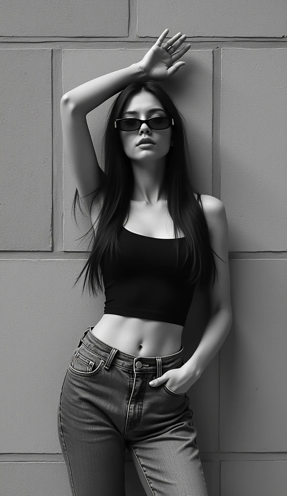 The following features can be seen in this image: 1.
1. a gray stone wall in the background with a uniform texture.
2. in the center of the image is a woman wearing a black tank top and blue high-waisted jeans
3. the woman wears sun glasses and stands in a raised arm position.
4. the woman has long black hair and a blank expression on her face
5. the woman's attire is simple but fashionable and stylish.
6. overall, the photograph is characterized by black-and-white tones and textures.