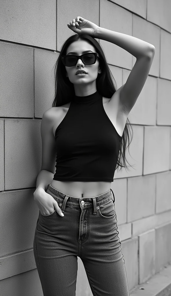 The following features can be seen in this image: 1.
1. a gray stone wall in the background with a uniform texture.
2. in the center of the image is a woman wearing a black tank top and blue high-waisted jeans
3. the woman wears sun glasses and stands in a raised arm position.
4. the woman has long black hair and a blank expression on her face
5. the woman's attire is simple but fashionable and stylish.
6. overall, the photograph is characterized by black-and-white tones and textures.
