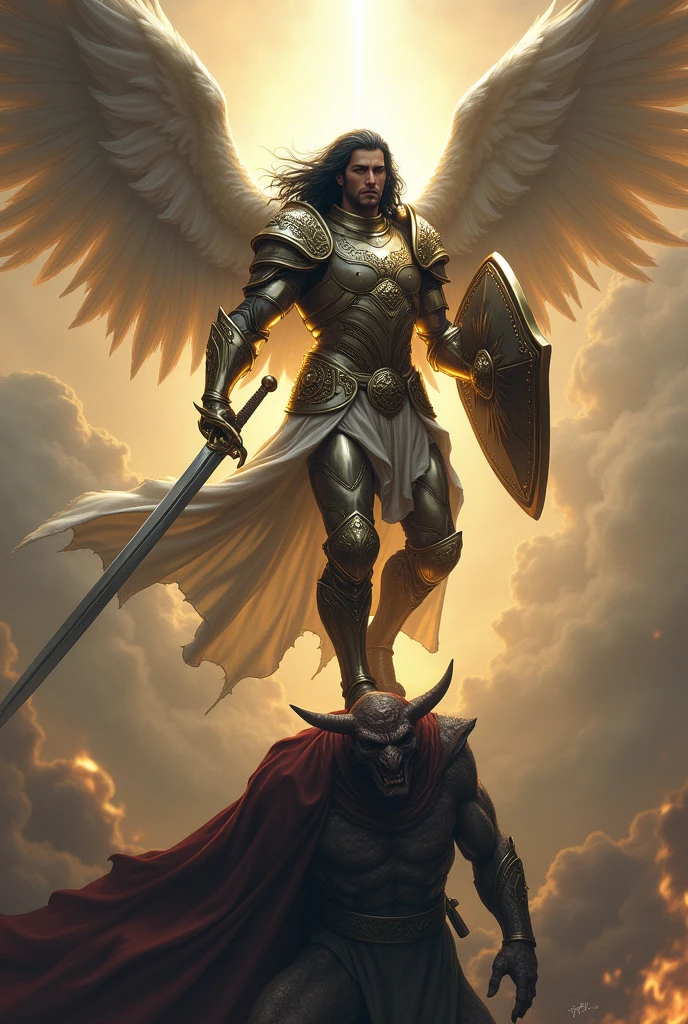 A BLACK-HAIRED ANGEL, CALLED MICHAEL WITH ARMOR, SWORD AND SHIELD DESCENDING FROM THE SKY STEPPING ON A DEMON&#39;S HEAD

