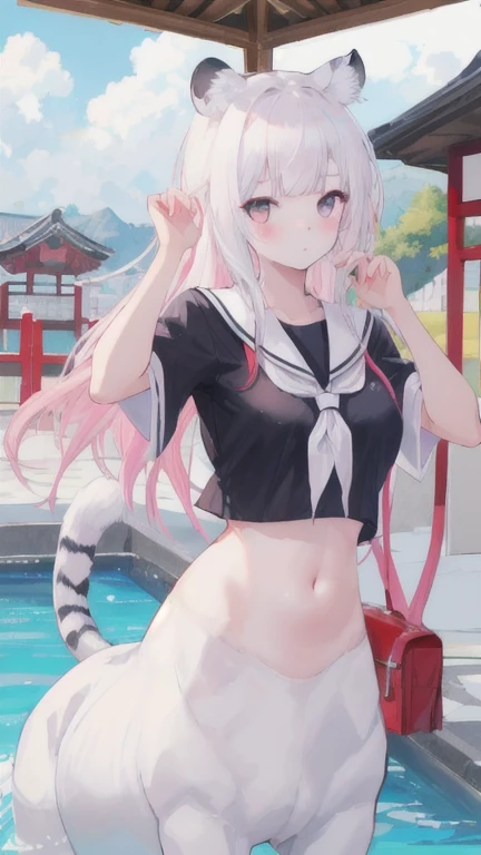 (best quality, masterpiece), 1 girl, centaur, I beg, White skin, Japanese schoolgirl,daughter,black pink, exposing the abdomen, belly button t-shirt , beautiful girl perfect, White tiger photo, Perfect swimsuit pictures