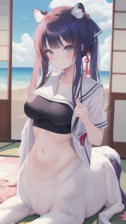 (best quality, masterpiece), 1 girl, centaur, I beg, White skin, Japanese schoolgirl,daughter,black pink, exposing the abdomen, belly button t-shirt , beautiful girl perfect, White tiger photo, Perfect swimsuit pictures