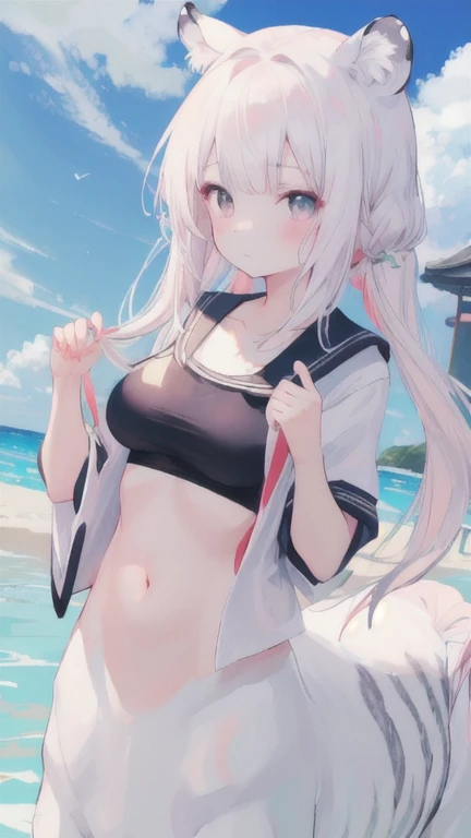 (best quality, masterpiece), 1 girl, centaur, I beg, White skin, Japanese schoolgirl,daughter,black pink, exposing the abdomen, belly button t-shirt , beautiful girl perfect, White tiger photo, Perfect swimsuit pictures