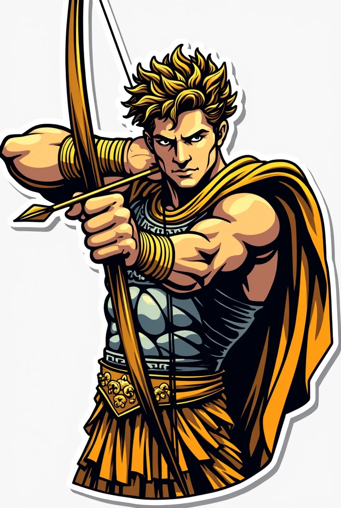 God Apollo wearing an armour and firing a bow and arrow. Make his face a little fierce and facing in front. Make it sticker-like with bold outline. It should be accurate as a logo. Don't put a background. He should be facing in front and make it brighter with touch of yellow. He should ba handsome also. Make it half body. Don't make cuts of other parts. It should be a full image. Make him look more god-like. Make it simple and comic style.