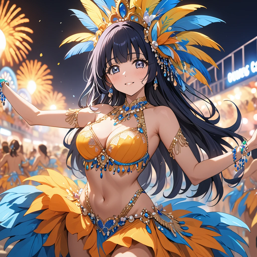 ((Highest quality)), ((masterpiece)), (detailed), (Perfect Face)、The woman is Reika Aoki with semi-long hair、A woman is dancing samba charmingly in a samba costume at the Rio Carnival