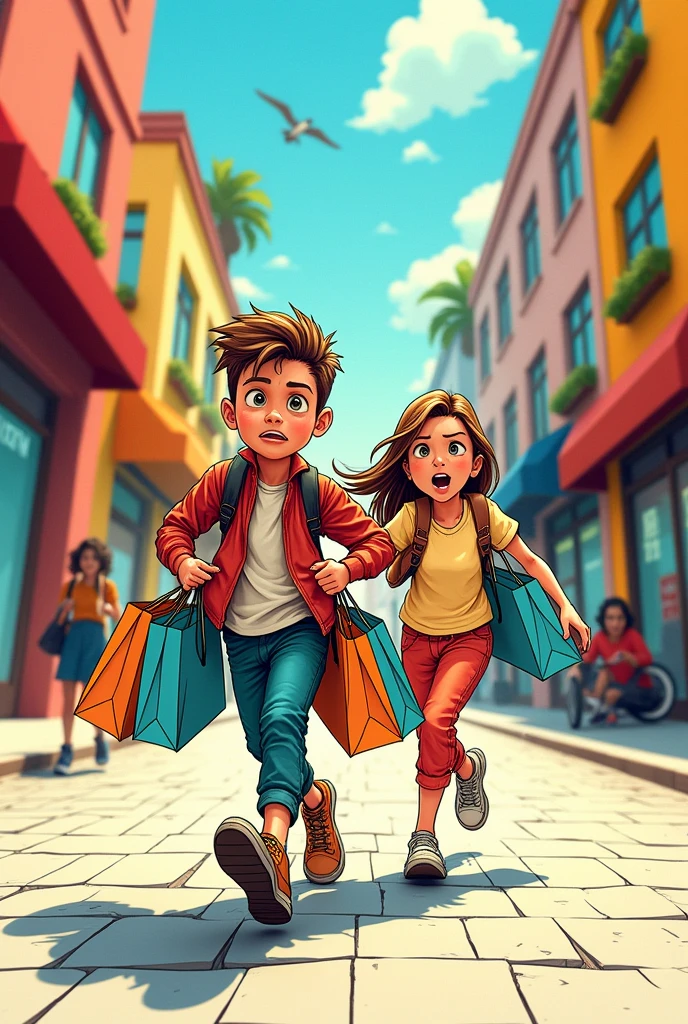 They are on a colorful street. Boy is running behind girl and boy is struggling with shopping bags. He looks tired but determined. 
Create doodle with pen
