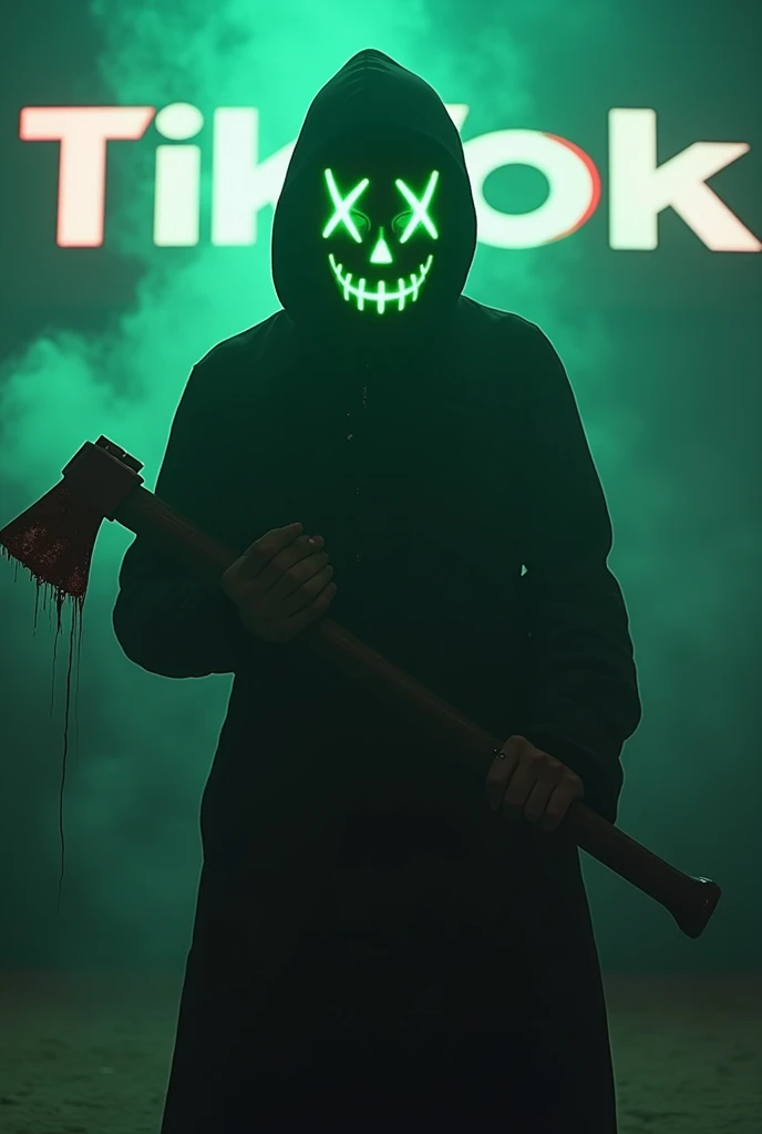 Shadow with neon green halloween mask holding an axe with blood and TikTok logo with smoke background marks