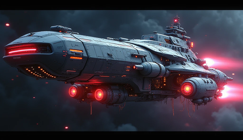 Cyberpunk Spaceship, huge thrusters, different weapons, emission, lasers, wires, transistor, vibrant, ambient, metallic