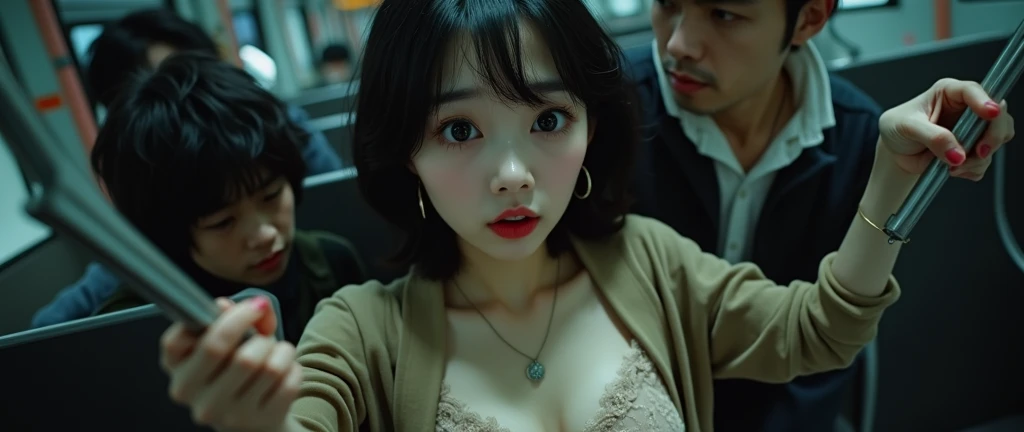 (32K:1.9, Horror depictions:1.9, Highest quality, masterpiece, Ultra-high resolution, Professional random angle camera work:1.5, Very detailedな肌と顔の質感:1.4), Always accurate, Very detailed, bag, (Cute Japanese Woman:1.3, Camisole dress and cardigan:1.6, Incredibly slim body:1.3, ?????? is not visible:1.4, Big breasts on the verge of collapse), ((Crowded bus:2.0, Crazy behavior:1.9, On the bus、Two young male high school students are hugging a woman from behind:1.7)), belt, Fair skin, elegant, sense of cleanliness, Thin eyebrows, (Surprised:1.0, Puzzled:1.0, A look that shows deep contempt for you:1.3, Big eyes that exude beautiful eroticism:0.4, Please open your mouth a little, lipstick, Feel the beautiful eroticism:1.0, Dark brown medium hair), Earrings, necklace, bracelet, romantic, mysterious, Object of admiration, original, dramatic, artistic, Innovative, charm, Heartful, Fancy, Tilt, sense of loss, special, ((exciting, Extreme, sense of openness, suffering, sufferingの表現)), ((Mistakes of Youth, 女性的なcharm))