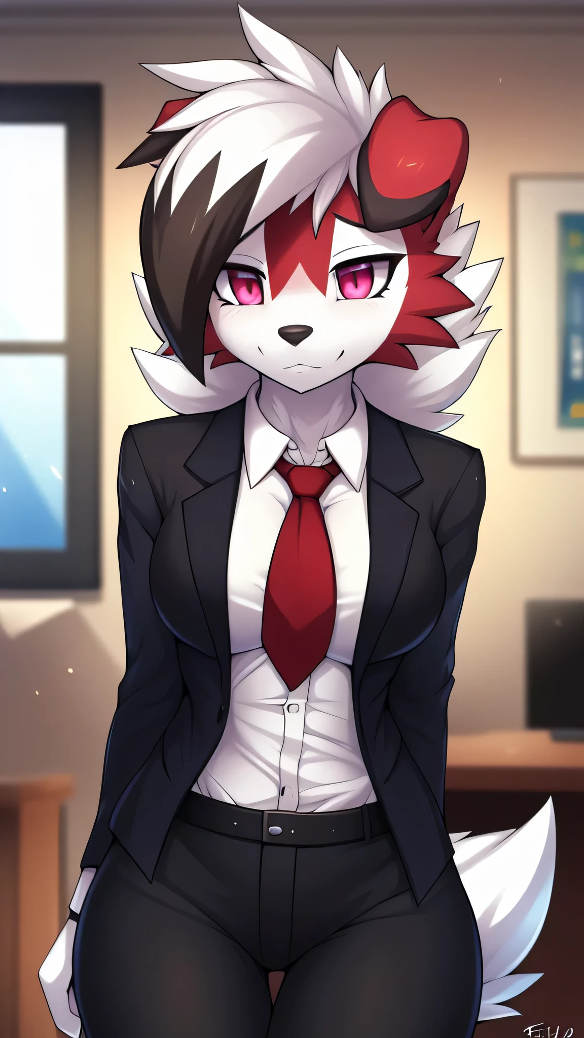 By zinfyu,by twistedscarlet60, uploaded on pixiv, by fluff-kevlar, (masterpiece), (best quality), (solo female:1.2), (extremely detailed:1.3),(detailed eye,black circle on eye,pink eye), lycanroc midnight, Front view, view on viewer, close view, shy face, half body on potrait, only body and head, close view, wearing black casual uniform, long uniform, black Long pant, red tie, medium chest, close up photo of lycanroc, focus on face, in office, 