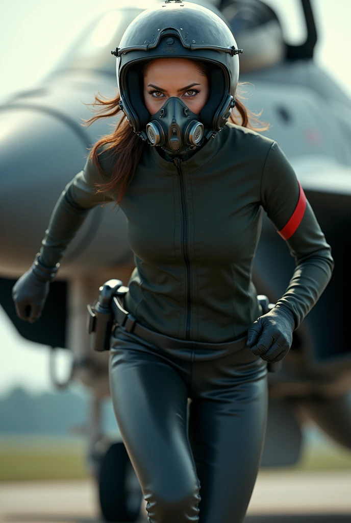 Angelina Jolie wearing a fighter pilot suit, wearing a pilot helmet and oxygen mask, climbing a mig29, running sideways,