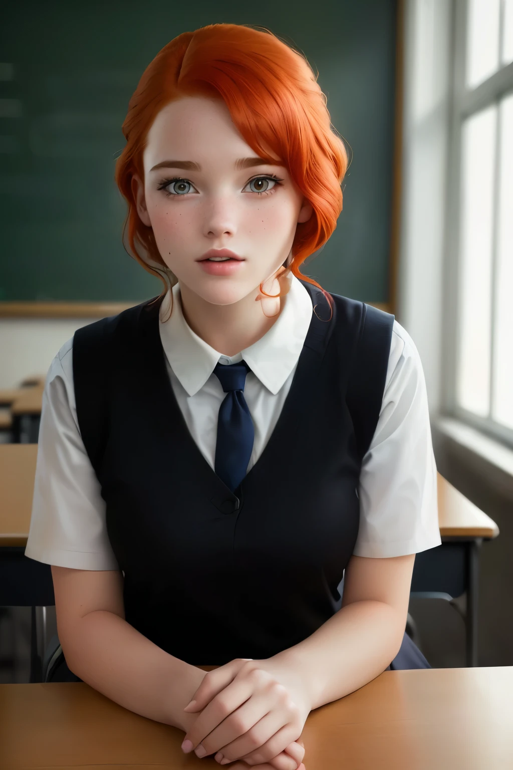 there is a woman sitting at a table in a classroom, teenage female schoolgirl, portrait of high school girl, girl wearing uniform, realistic schoolgirl, wearing headmistress uniform, a redheaded young woman, hyperrealistic schoolgirl, full subject shown in photo, cute schoolgirl, a hyperrealistic schoolgirl, red haired young woman, redhead woman, wearing school uniform