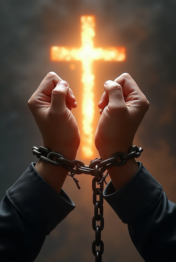 hands with a broken chain and in the background a glowing cross
