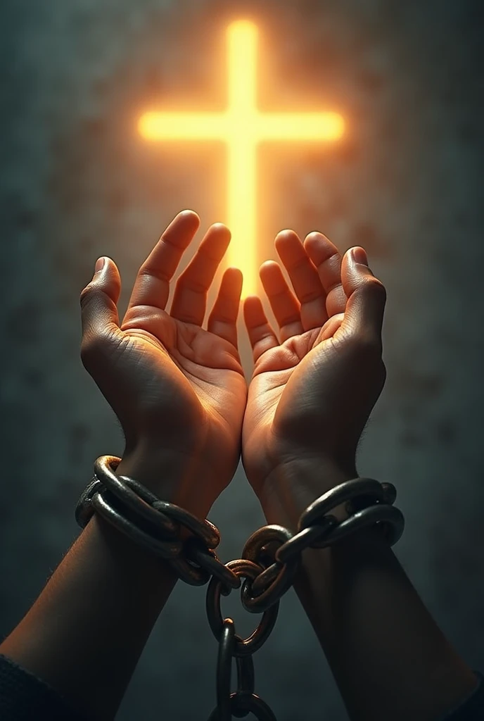 hands with a broken chain and in the background a glowing cross