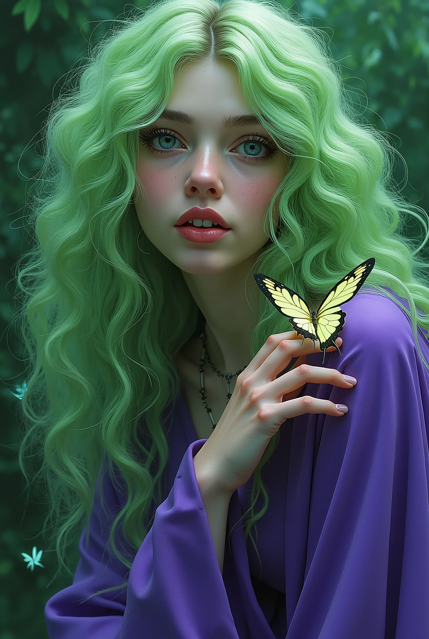 Thick coating，Oil painting texture，She has long curly light green hair, Messy hair，Fangs. She was wearing a purple robe，A butterfly on the finger，vegetation，Lush，, Digital illustration style, Fluorescent green color scheme, Soft shadows, Simple line art, close up, Minimalism, Soft colors, Swarms of glowing butterflies，